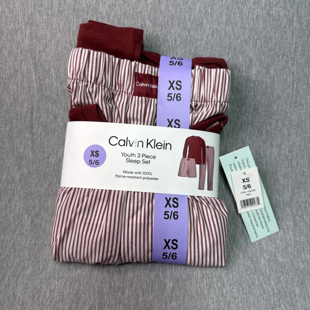 Calvin Klein Youtth XS 5/6 3 Piece Striped Sleep Set Blue Red Polyester